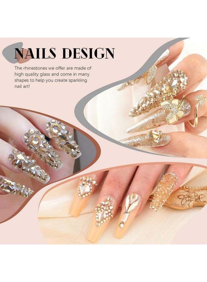 3220Pcs Champagne Gold Glass Nail Rhinestones 120Pcs Multi Shapes Flatback Gems Crystal+3100Pcs 1.54Mm Round Beads Manicure Diomand Jewelry Gemstones For Nail Design Makeup Acrylic Nails Decoration