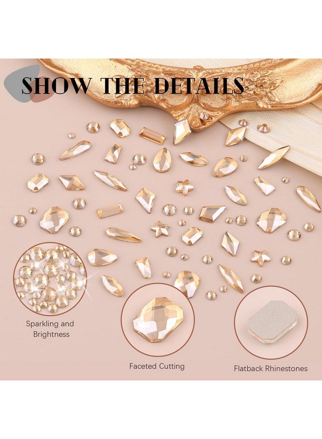 3220Pcs Champagne Gold Glass Nail Rhinestones 120Pcs Multi Shapes Flatback Gems Crystal+3100Pcs 1.54Mm Round Beads Manicure Diomand Jewelry Gemstones For Nail Design Makeup Acrylic Nails Decoration