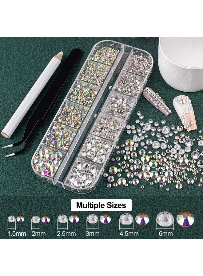 Flat Back Rhinestones&Pearls Kits Round Glass Crystal Ab&Transparent White Gems+White&Beige Pearls With Quick Dry Makeup Glue+Picker Pencil+Tweezer For Nail Art And Face Eye Body Makeup