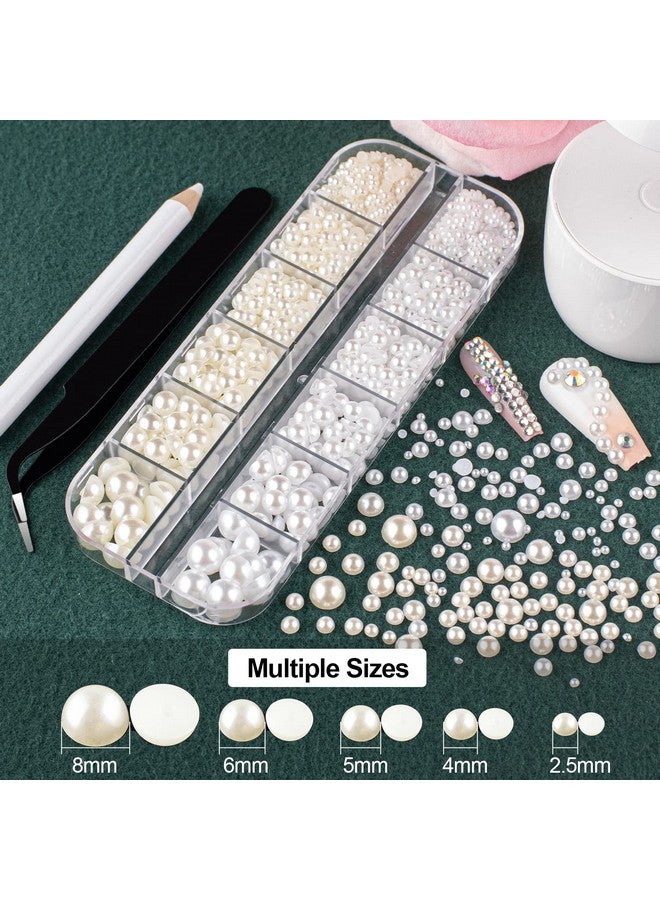 Flat Back Rhinestones&Pearls Kits Round Glass Crystal Ab&Transparent White Gems+White&Beige Pearls With Quick Dry Makeup Glue+Picker Pencil+Tweezer For Nail Art And Face Eye Body Makeup