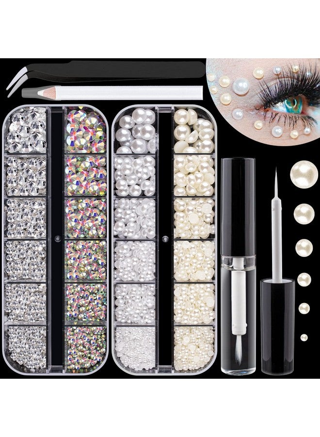 Flat Back Rhinestones&Pearls Kits Round Glass Crystal Ab&Transparent White Gems+White&Beige Pearls With Quick Dry Makeup Glue+Picker Pencil+Tweezer For Nail Art And Face Eye Body Makeup