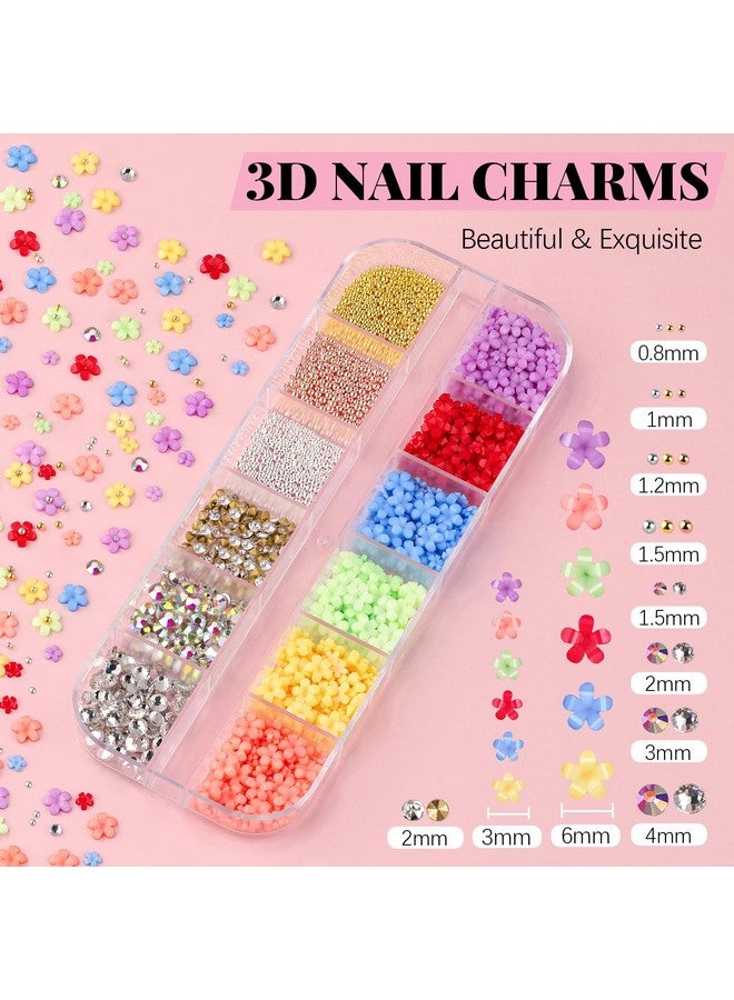 3D Flowers Manicure Gems With Nail Rhinestone Glue Gel Colorful Acrylic Flower Nail Charms With Caviar Beads Rhinestones For Nails And Gem Glue For Nails (Uvled Needed) With Pickup & Dotting Tools