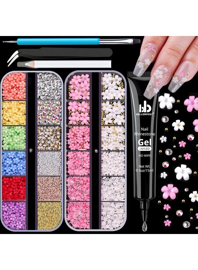 3D Flowers Manicure Gems With Nail Rhinestone Glue Gel Colorful Acrylic Flower Nail Charms With Caviar Beads Rhinestones For Nails And Gem Glue For Nails (Uvled Needed) With Pickup & Dotting Tools