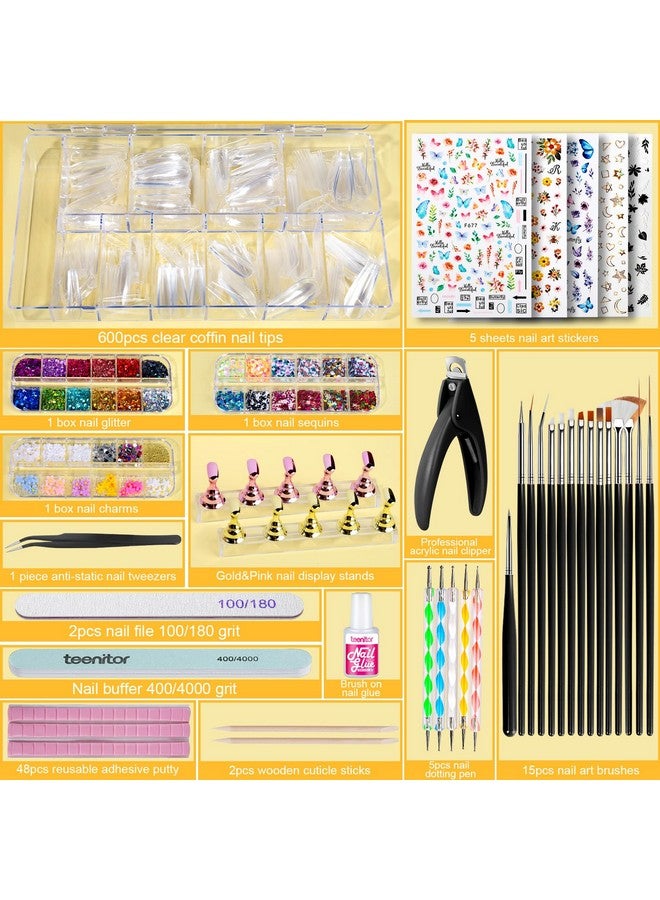 Fake Nails Kit Press On Nail Supplies Clear Coffin Nail Tips With Nail Stand Nail Art Brushes Nail Dotting Pen Nail Glitter Sequinsnail Stickers Nail Art Rhinestones