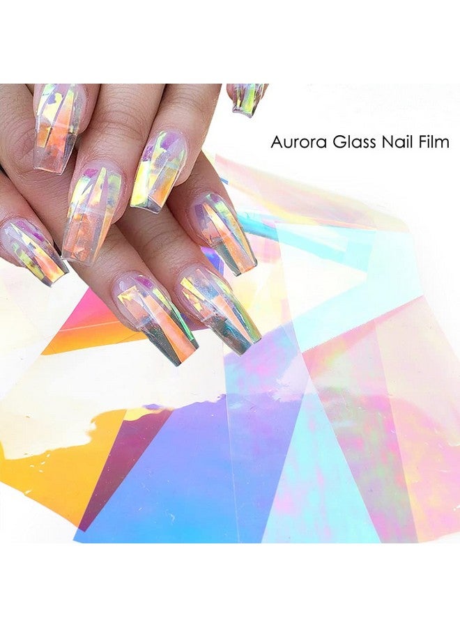 Aurora Nail Foil Transfer Stickersnail Art Supplies Holographic Aurora Glass Gradient Rainbow Color Decals Cellophane Mermaid Mirror Colorful Design French Designer Manicure Decorations 8 Pcs
