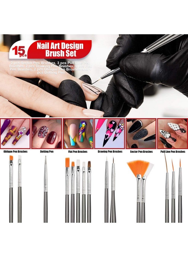 Nail Pen Designerstamp Nail Art Tool With 15Pcs Nail Painting Brushes Nail Dotting Tool Nail Foil Manicure Tape Color Rhinestones For Nailsblack