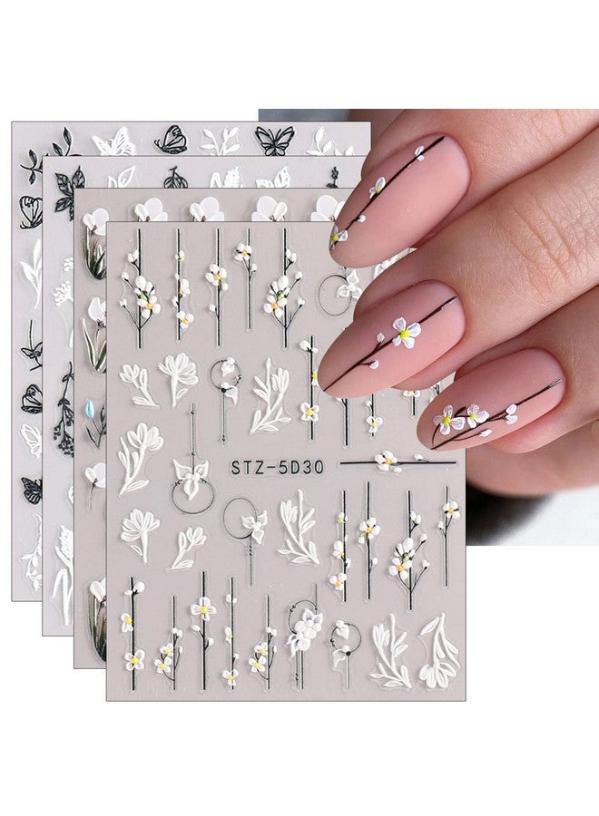 3D Embossed Flower Spring Nail Art Stickers Decals Selfadhesive Pegatinas Uñas 5D Summer Colorful Floral Nail Supplies Nail Art Design Decoration Accessories 4 Sheets