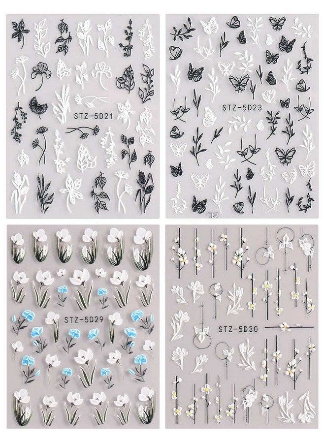3D Embossed Flower Spring Nail Art Stickers Decals Selfadhesive Pegatinas Uñas 5D Summer Colorful Floral Nail Supplies Nail Art Design Decoration Accessories 4 Sheets