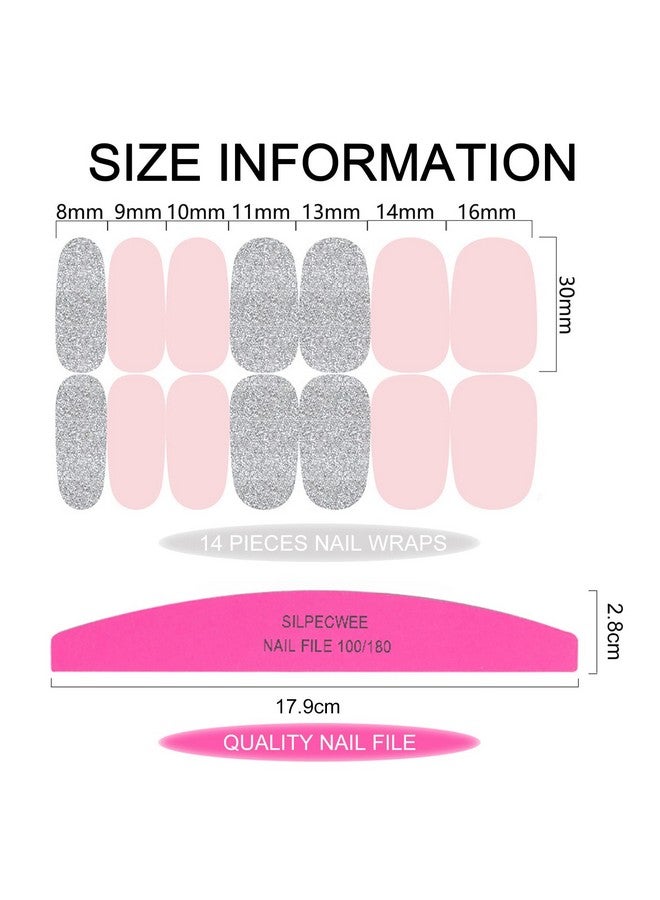 Pink Nail Wraps For Women Nail Polish Strips Solid Color Glitter Self Adhesive Nail Polish Stickers Gel Nail Strips Fingernail Manicure Stickers With 1Pc Nail File (16 Sheets)