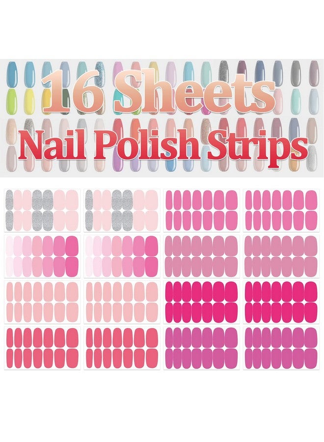 Pink Nail Wraps For Women Nail Polish Strips Solid Color Glitter Self Adhesive Nail Polish Stickers Gel Nail Strips Fingernail Manicure Stickers With 1Pc Nail File (16 Sheets)