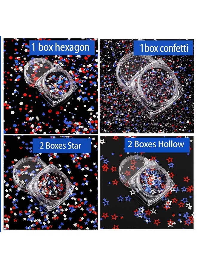 6 Boxes Independence Day Star Glitter 4Th Of July Nail Art Sequins Holographic Nail Decals Mixed Star Hollow Hexagon Circles Confetti Shaped For Women Girls Face Body Diy Nail Decoration