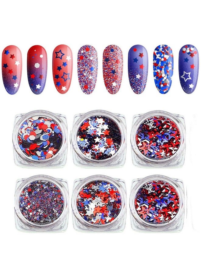 6 Boxes Independence Day Star Glitter 4Th Of July Nail Art Sequins Holographic Nail Decals Mixed Star Hollow Hexagon Circles Confetti Shaped For Women Girls Face Body Diy Nail Decoration