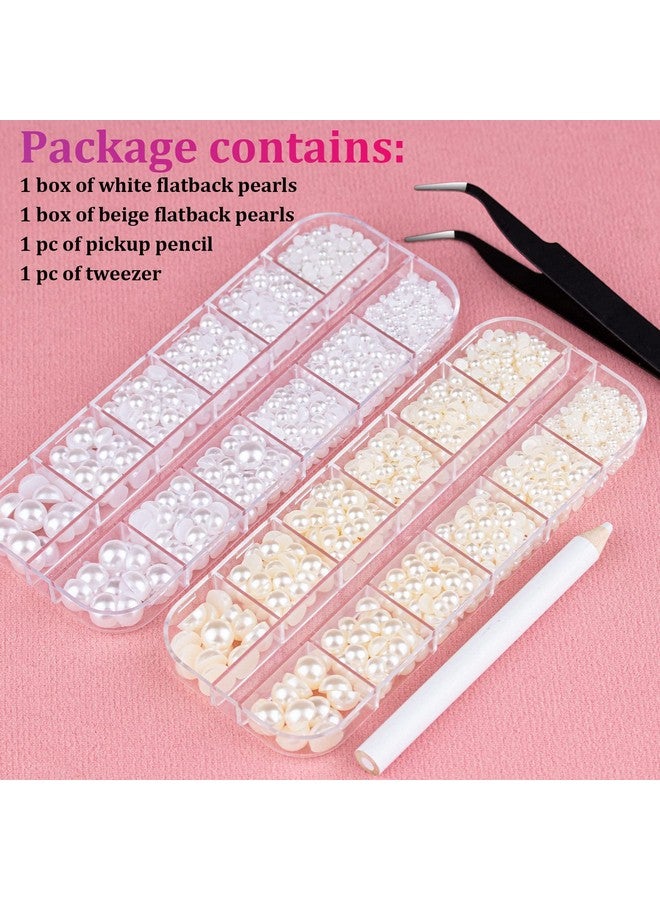 2700 Pcs Flat Back Pearls Kits 1 Box Of Flatback White+1 Box Of Beige Half Round Pearls With Pickup Pencil And Tweezer For Home Diy And Professional Nail Art Face Makeup And Craft