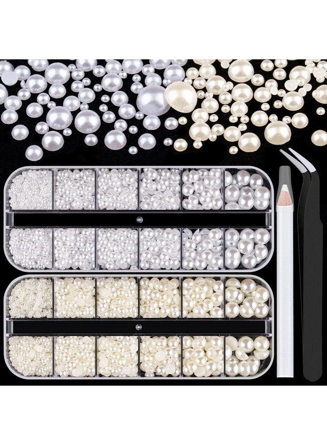 2700 Pcs Flat Back Pearls Kits 1 Box Of Flatback White+1 Box Of Beige Half Round Pearls With Pickup Pencil And Tweezer For Home Diy And Professional Nail Art Face Makeup And Craft