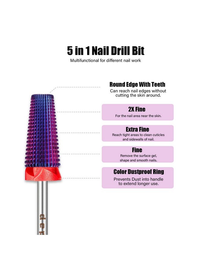 5 In 1 Nail Drill Bits 332'' Carbide Tungsten Nail Bits Two Way Rotate Professional Advanced Safety Cuticle Bits For Nail Fast Remove For Manicure Pedicure Cuticle Gel Polishing(F Purple)