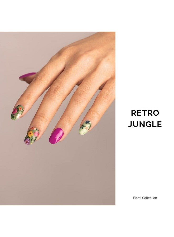 Semi Cured Gel Nail Strips 34 Pcs Long Lasting Nail Polish Sticker Wraps With Glossy Gel Finish Retro Jungle