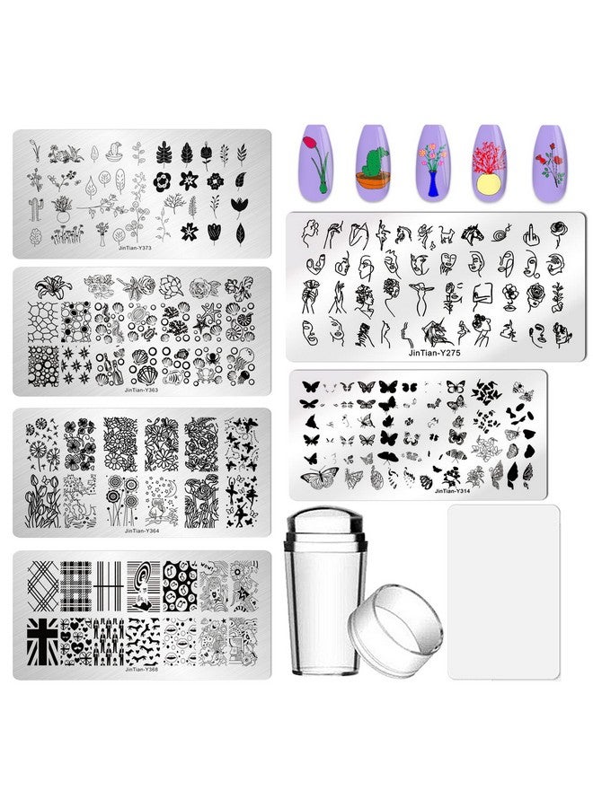 Nail Stamper Kit 6Pcs Nail Stamping Plate Flower Butterfly Fish Shell Leaves Geometry Image Template Stamper Plate With Clear Silicone Nail Stamper And Scraper Manicure Stencils Tools