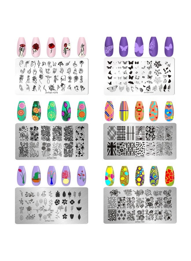 Nail Stamper Kit 6Pcs Nail Stamping Plate Flower Butterfly Fish Shell Leaves Geometry Image Template Stamper Plate With Clear Silicone Nail Stamper And Scraper Manicure Stencils Tools