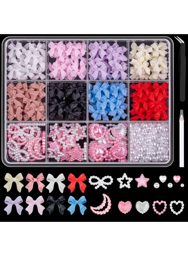 600 Pcs 3D Nail Charms And Flatback Pearls Set 1 8 Colors Nail Bows Charm + Pink&White Star Heart Moon Cute Nail Jewels + 24Mm White Nail Pearls For Nail Art Diy Decoration With Pickup Tools