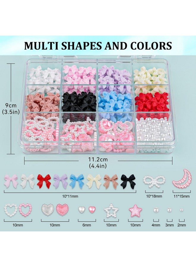 600 Pcs 3D Nail Charms And Flatback Pearls Set 1 8 Colors Nail Bows Charm + Pink&White Star Heart Moon Cute Nail Jewels + 24Mm White Nail Pearls For Nail Art Diy Decoration With Pickup Tools