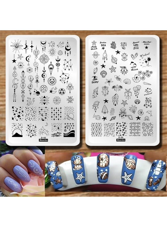 2Pcs Sea Shell Pattern Nail Stamping Plates Geometry Flowers Image Painting Nail Stamper Stencils English Letter Manicure Nail Template 9.5X14.5Cm Moon Star Space Design Nail Stamp Plate Tools