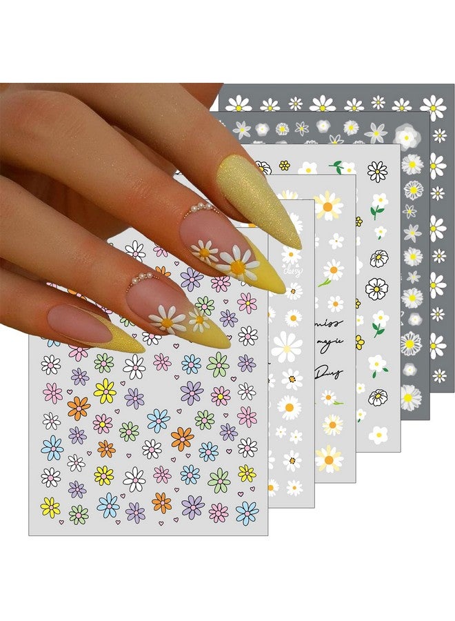 6 Sheets Daisy Nail Art Stickers Charming Flower Chrysanthemum 3D Trendy Design Selfadhesive Spring Nail Art Decals Diy Manicure Decoration Supplies Accessories For Women Girls