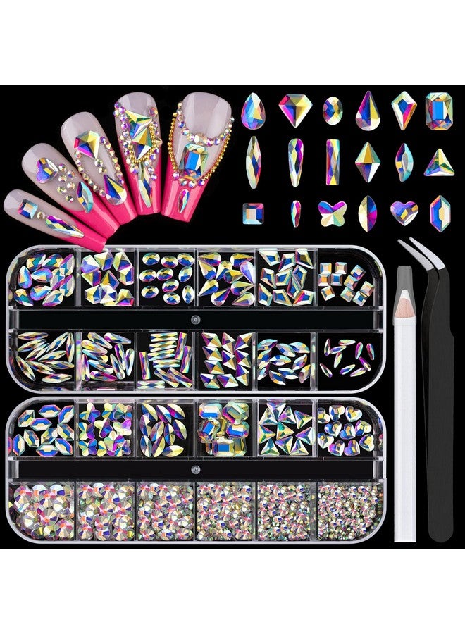 18 Styles Multishaped Glass Gemstones For Nails And 6 Sizes Round Crystal Rhinestones Kit 1 Iridescent Ab Nail Art Charm Bead Manicure Decoration With Pickup Pencil And Tweezer