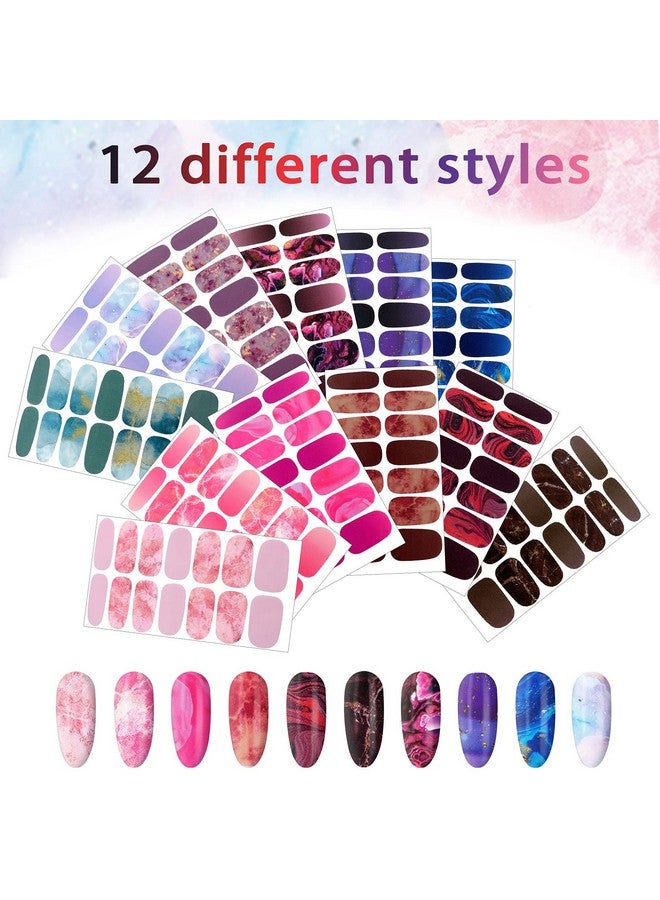 168 Pieces 12 Sheets Full Wrap Nail Polish Stickers Self Adhesive Glitter Gradient Marble Color Nail Decal Strips With Glass Nail File For Women Girls Diy Nail Craft (Lovely Style)