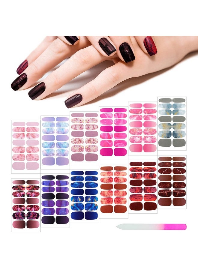 168 Pieces 12 Sheets Full Wrap Nail Polish Stickers Self Adhesive Glitter Gradient Marble Color Nail Decal Strips With Glass Nail File For Women Girls Diy Nail Craft (Lovely Style)