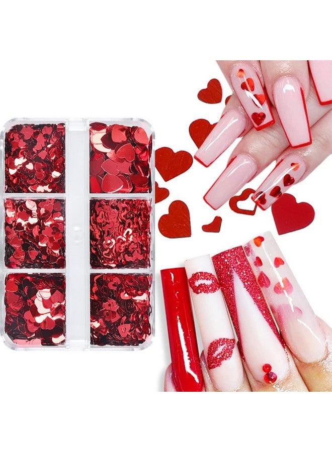 6 Grids Heart Nail Glitter Sequins Premium 3D Nail Art Stickers Love Nail Decals Holographic Laser Heart Nail Designs For Valentine'S Day Diy Nail Art Sequins Acrylic Nail Decoration