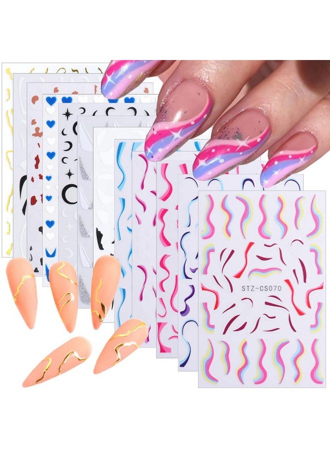 12 Sheets French Nail Art Stickers Decalnail Supplies 3D Selfadhesive Colorful Wavy Line Nail Stickers Curve Stripe Lines Nail Art Designfor Women Girls Manicure Accessories Diy Decoration