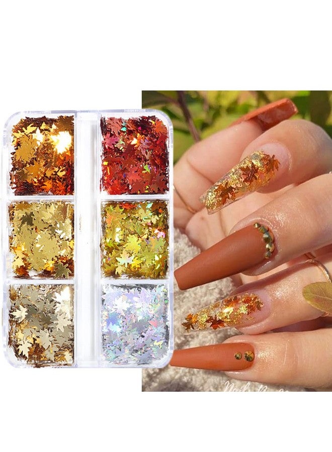Maple Leaf Nail Glitter Sequins 3D Holographic Fall Leaves Nail Art Flakes 6 Colors Laser Autumn Leaf Nails Decals Stickers For Acrylic Nails Decorations Diy Crafts