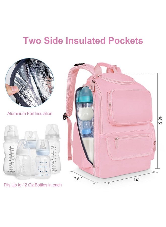 Diaper Bag Backpack, Large Multifunction Baby Backpack For Travel With Stroller Strap And 2 Insulated Pockets, Diaper Baby Bag For Mom, Pink