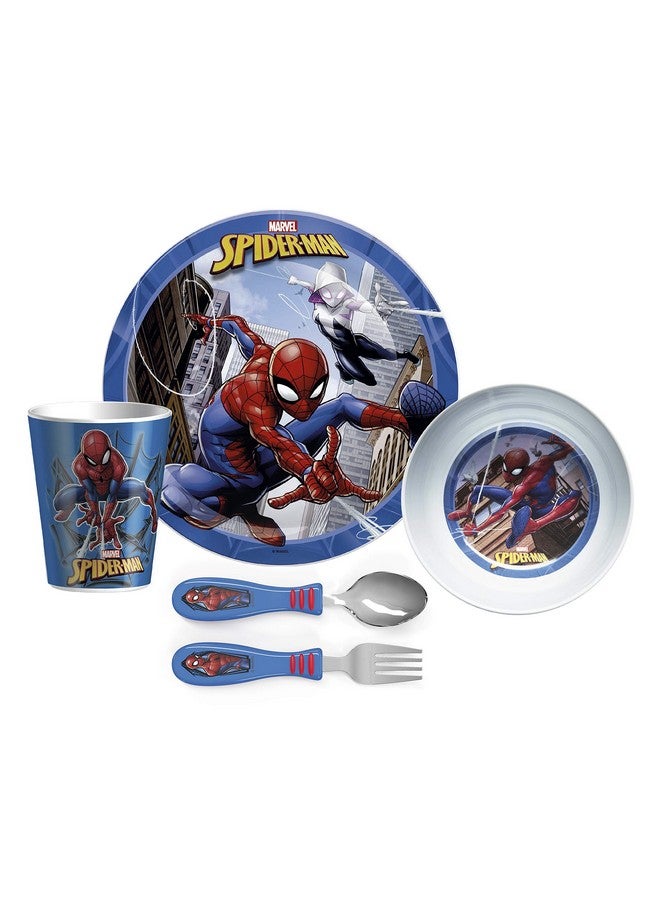 Zak! Marvel Spiderman 5Piece Dinnerware Set Durable Plastic & Stainless Steel Includes Tumbler, 8Inch Plate, 6Inch Bowl, Fork & Spoon Suitable For Kids Ages 3+