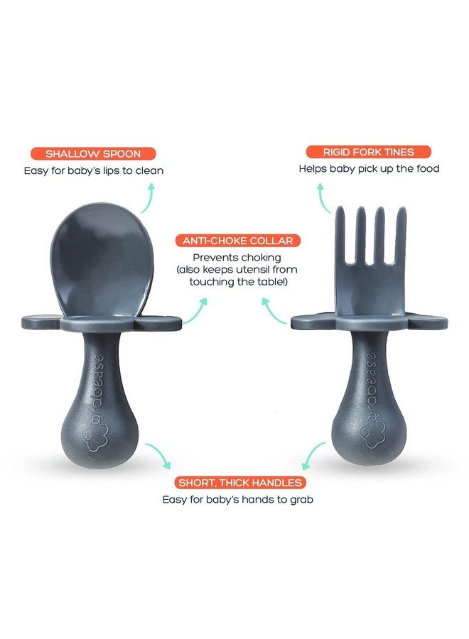 Toddler Spoon And Fork For First Stage Self Feeding For Babies From 6+ To 12 Months And Older | Baby Utensils & Silverware As Early As 4 Months | Bpafree & Phthalatefree, 1 Set, Gray