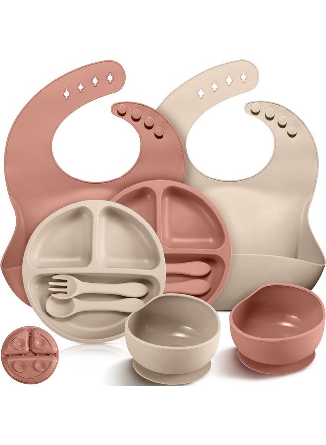 10 Pack Silicone Baby Feeding Set Toddlers Led Weaning Feeding Supplies With Suction Baby Bowl Divided Plate Adjustable Bib Soft Silicone Spoon Fork Infant Self Eating Utensil Set (Beige Orange)