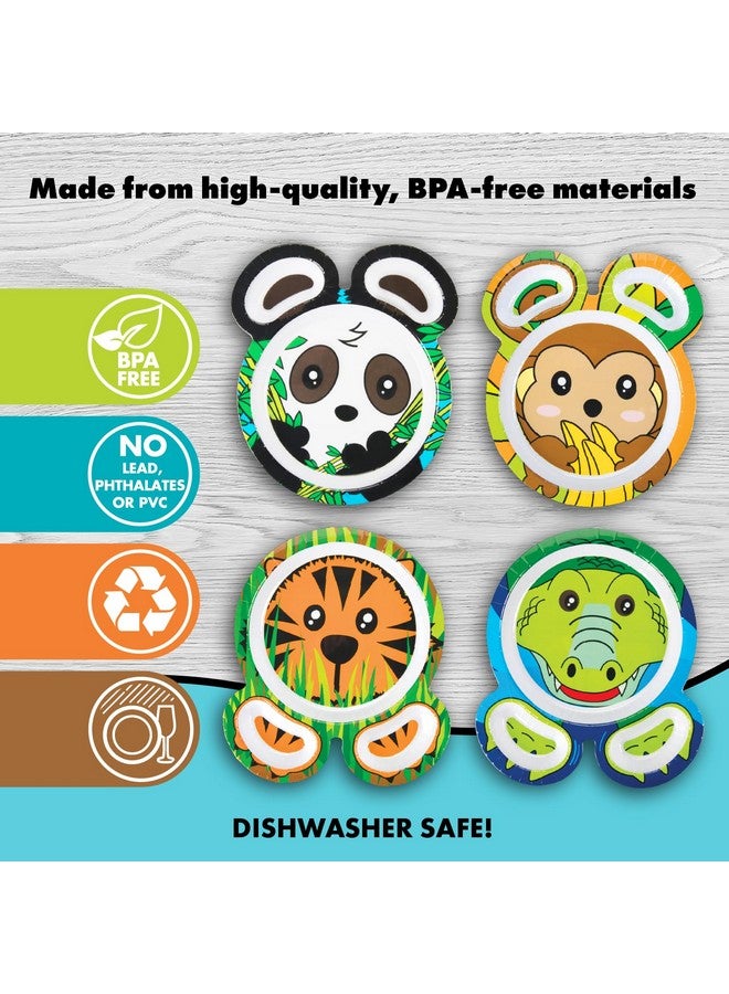 Zoo Friends Mealtime Melamine Feeding Plates Set Of 4 Different Cute Animal Pal Dishes For Kids Panda Alligator Tiger & Monkey Divided Compartments Bpa Free