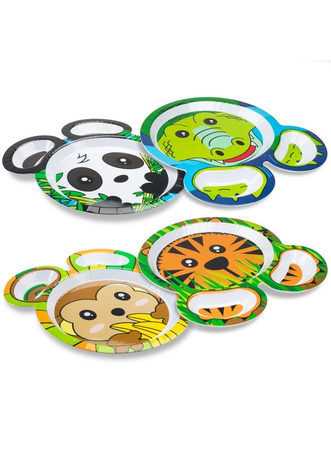 Zoo Friends Mealtime Melamine Feeding Plates Set Of 4 Different Cute Animal Pal Dishes For Kids Panda Alligator Tiger & Monkey Divided Compartments Bpa Free