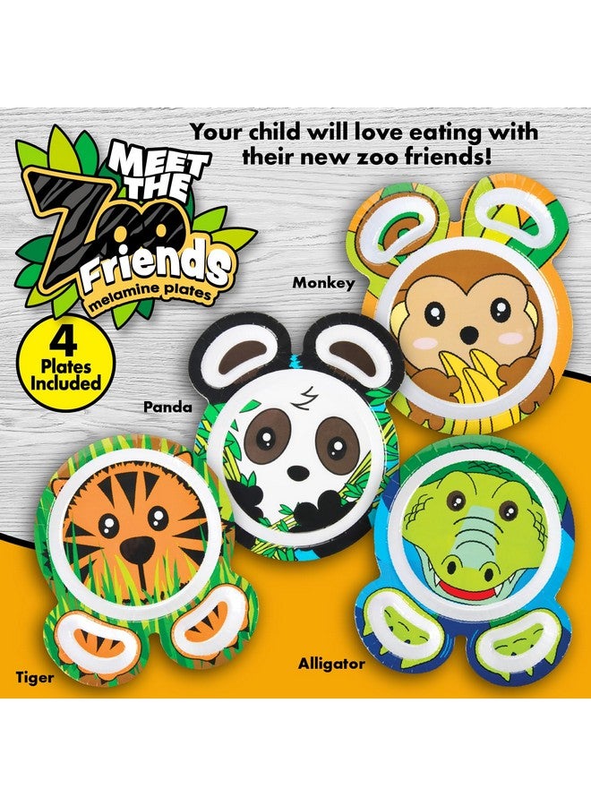 Zoo Friends Mealtime Melamine Feeding Plates Set Of 4 Different Cute Animal Pal Dishes For Kids Panda Alligator Tiger & Monkey Divided Compartments Bpa Free