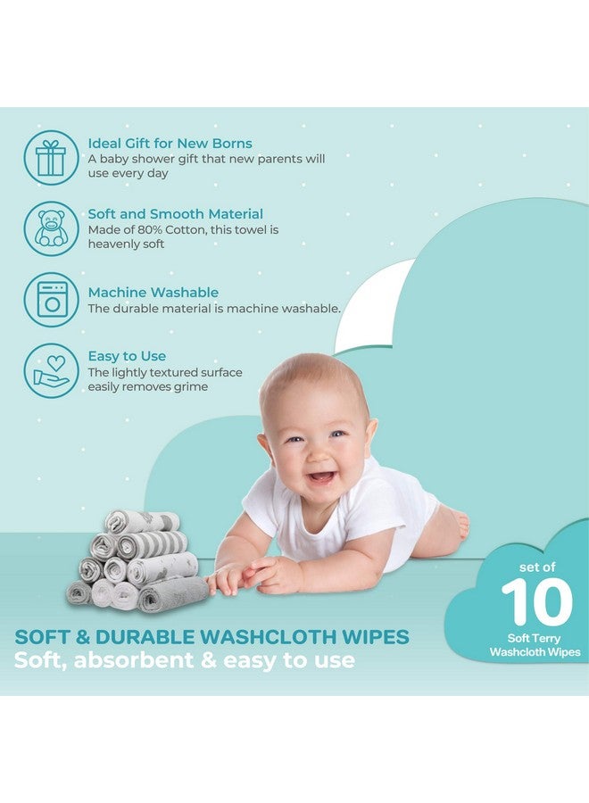 Washcloth Wipes Set For Newborn Boys And Girls, Soft Terry Washcloth Set, Pack Of 10, Gray Celestial