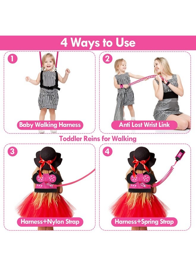 Toddlers Leash For Walking + Anti Lost Wrist Link Safety Wrist 4 In 1 For Toddlers, Child, Babies & Kids, Safety Harness Kids Walking Wristband Assistant Strap Belt (Pink Minnie Toddler Leash)