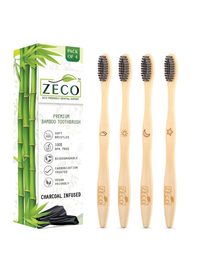 Premium Oral Care Bamboo Brush For Adults Charcoal Soft Bristle Sensitive Toothbrush Organic Bamboo Teeth Brush Pack Of 4 Wooden Toothbrush For Adults Bpa Free Tooth Brush Combo Pack Offer