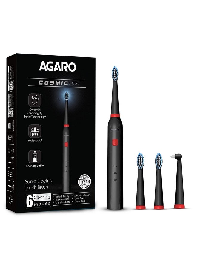 Cosmic Lite Sonic Electric Toothbrush For Adults With 6 Modes 3 Brush Heads 1 Interdental Head And Rechargeable With 3.5 Hours Charge Lasting Up To 25 Days Power Toothbrush Black