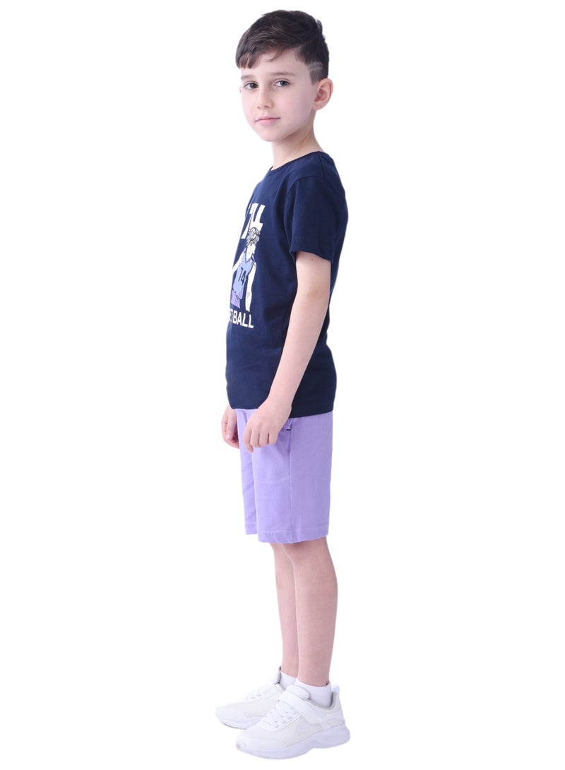 Kids Boys 2 piece Set - T-Shirts & Shorts - Street Ball T-shirt & Shorts-Lilac/Navy