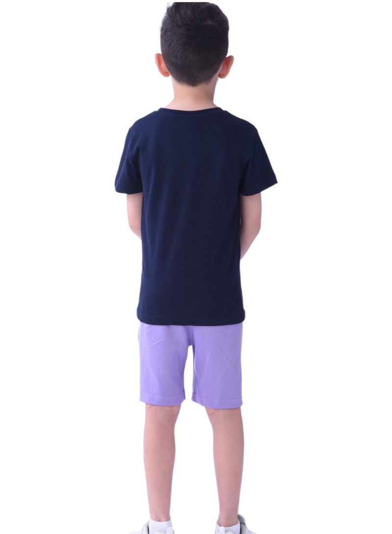 Kids Boys 2 piece Set - T-Shirts & Shorts - Street Ball T-shirt & Shorts-Lilac/Navy