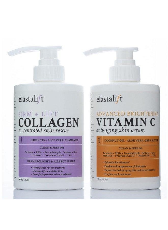 Collagen Body Cream + Vitamin C Brightening Lotion Skin Care Set, Anti Aging Face & Body Moisturizer Dry Skin Rescue Creams For Age Spots, Firming, & Lifting Skin, 15 Fl Oz (Pack Of 2)