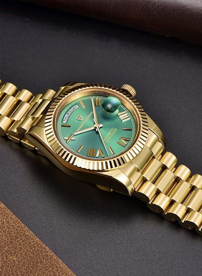 Men's 36mm Automatic Sky Blue Stainless Steel Mechanical Business Sports Watch, Men's Luxury Watch PD-1752 Gold Green