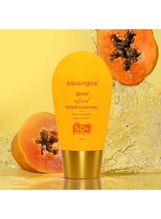 Glow+ Infused Tinted Sunscreen For All Skin Types Spf 50+ Pa++++ With Papaya & Vitamin C | Protection Against Uva/B | Universal Tint | For Glowing & Sunsafe Skin | 50 Gm Pack Of 1