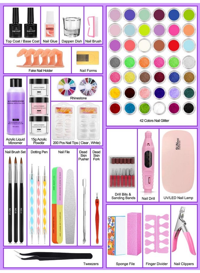 Acrylic Nail Kit For Beginners With Everything 42Colors Glitter Acrylic Powder Monomer Liquid Nail Kit Set Professional Acrylic With Everything Drill Uv Light Practice Finger Nail Bag Organizer Case