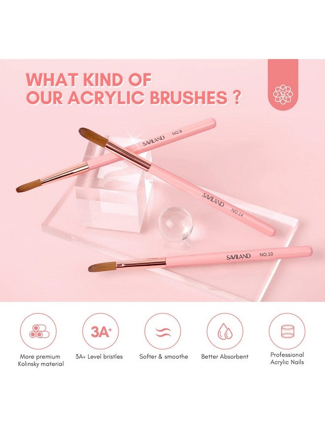 3Pcs Acrylic Nail Brush Set Size 81014 Kolinsky Acrylic Nail Brushes For Acrylic Application Pink Handle Professional Acrylic Powder Brushes For Nails Extension & 3D Nail Carving